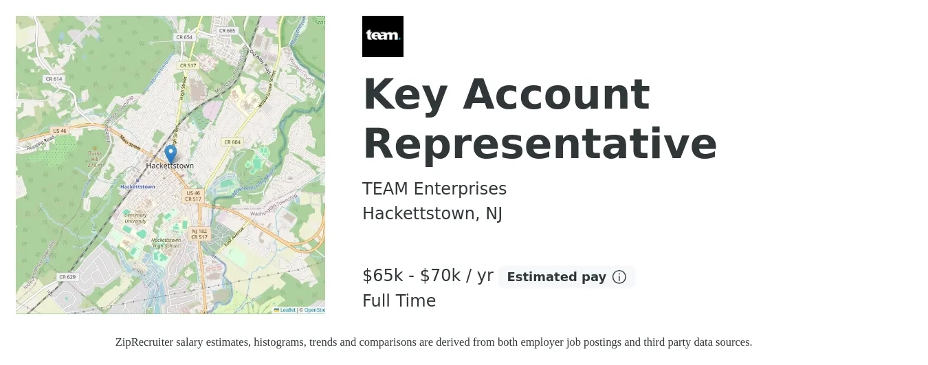 TEAM Enterprises job posting for a Key Account Representative in Hackettstown, NJ with a salary of $65,000 to $70,000 Yearly with a map of Hackettstown location.