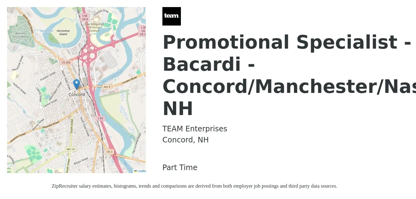 TEAM Enterprises job posting for a Promotional Specialist - Bacardi - Concord/Manchester/Nashua, NH in Concord, NH with a salary of $22 to $30 Hourly with a map of Concord location.