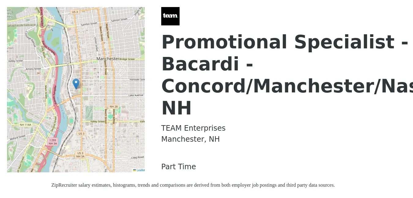 TEAM Enterprises job posting for a Promotional Specialist - Bacardi - Concord/Manchester/Nashua, NH in Manchester, NH with a salary of $20 to $34 Hourly with a map of Manchester location.