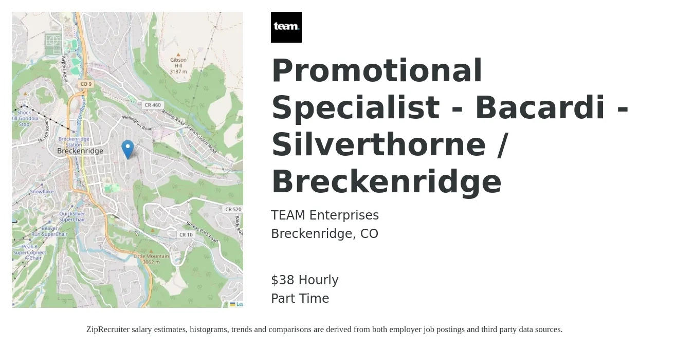 TEAM Enterprises job posting for a Promotional Specialist - Bacardi - Silverthorne / Breckenridge in Breckenridge, CO with a salary of $40 Hourly with a map of Breckenridge location.