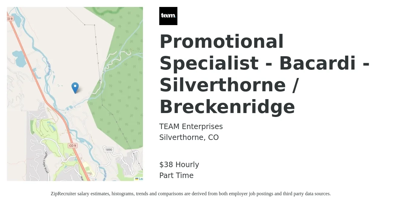 TEAM Enterprises job posting for a Promotional Specialist - Bacardi - Silverthorne / Breckenridge in Silverthorne, CO with a salary of $40 Hourly with a map of Silverthorne location.