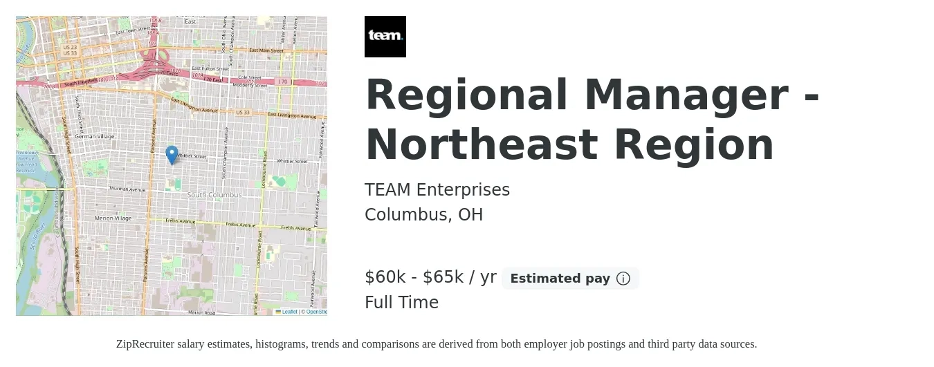 TEAM Enterprises job posting for a Regional Manager - Northeast Region in Columbus, OH with a salary of $60,000 to $65,000 Yearly with a map of Columbus location.