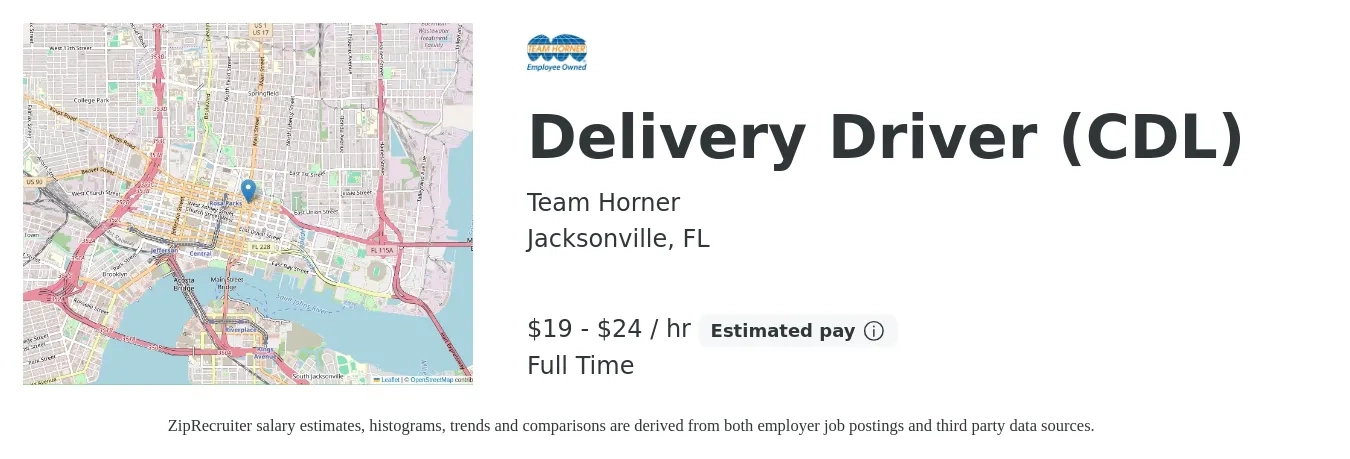 Team Horner job posting for a Delivery Driver (CDL) in Jacksonville, FL with a salary of $20 to $25 Hourly with a map of Jacksonville location.
