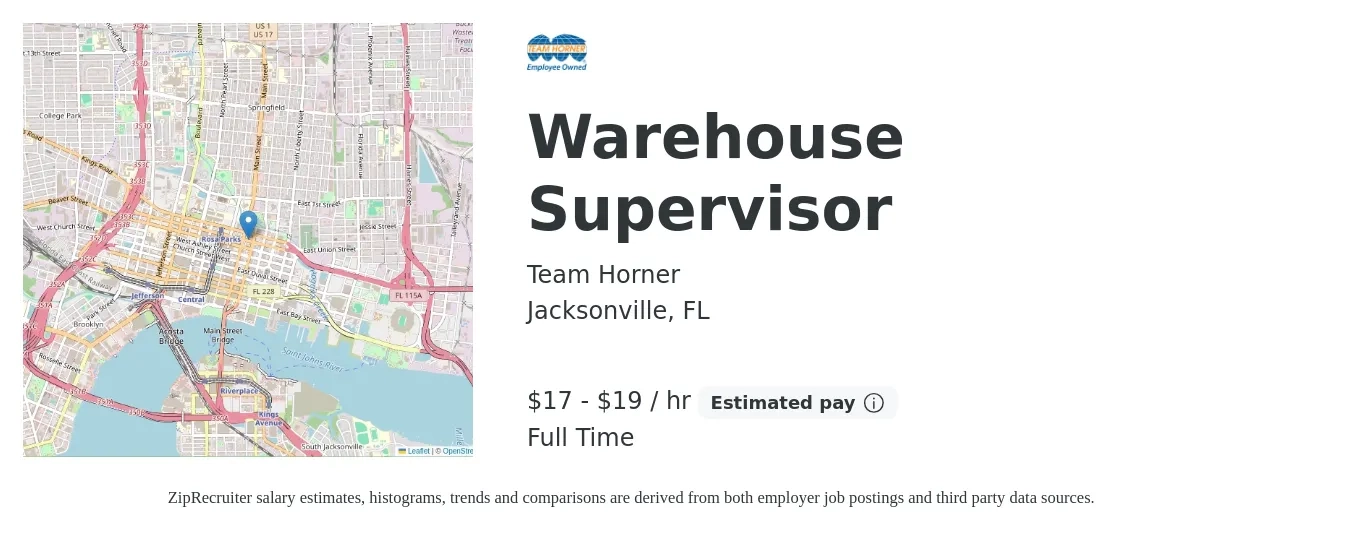 Team Horner job posting for a Warehouse Supervisor in Jacksonville, FL with a salary of $18 to $20 Hourly with a map of Jacksonville location.