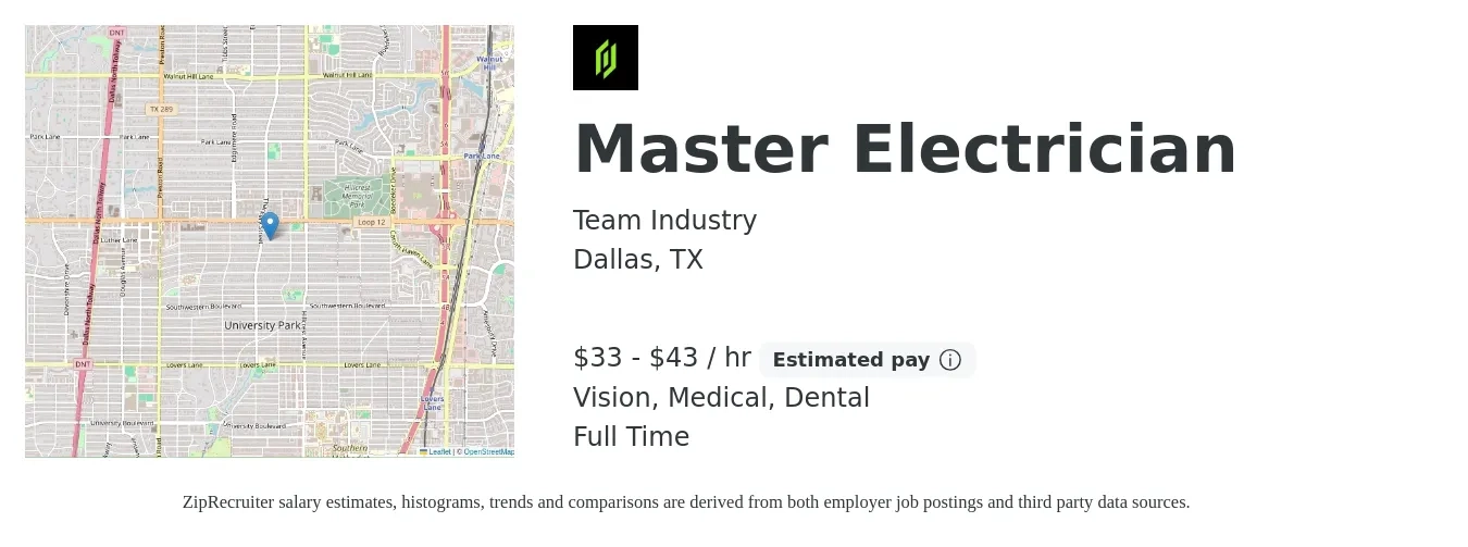 Team Industry job posting for a Master Electrician in Dallas, TX with a salary of $35 to $45 Hourly and benefits including dental, medical, and vision with a map of Dallas location.