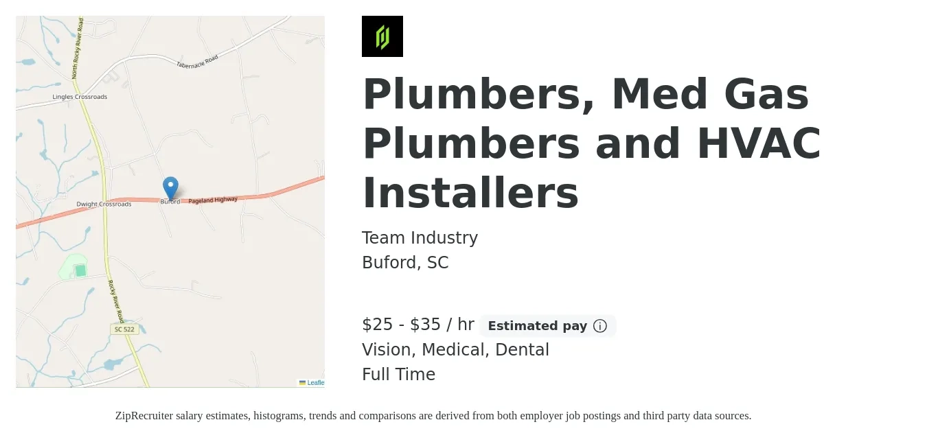 Team Industry job posting for a Plumbers, Med Gas Plumbers and HVAC Installers in Buford, SC with a salary of $26 to $37 Hourly and benefits including medical, vision, and dental with a map of Buford location.