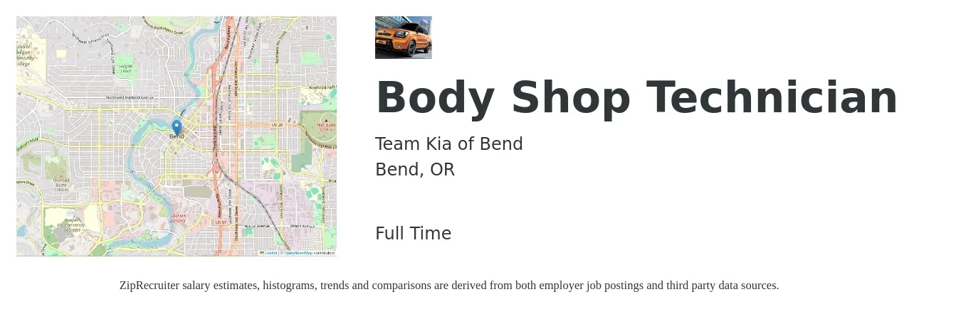 Team Kia of Bend job posting for a Body Shop Technician in Bend, OR with a salary of $21 to $32 Hourly with a map of Bend location.