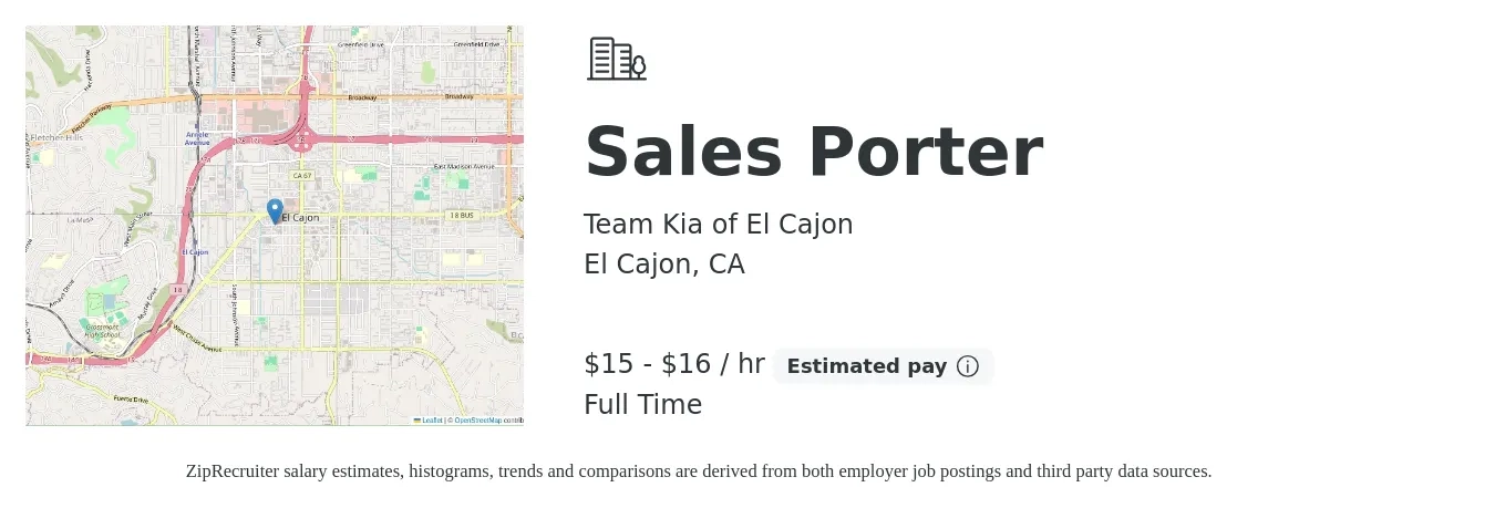 Team Kia of El Cajon job posting for a Sales Porter in El Cajon, CA with a salary of $16 to $17 Hourly with a map of El Cajon location.