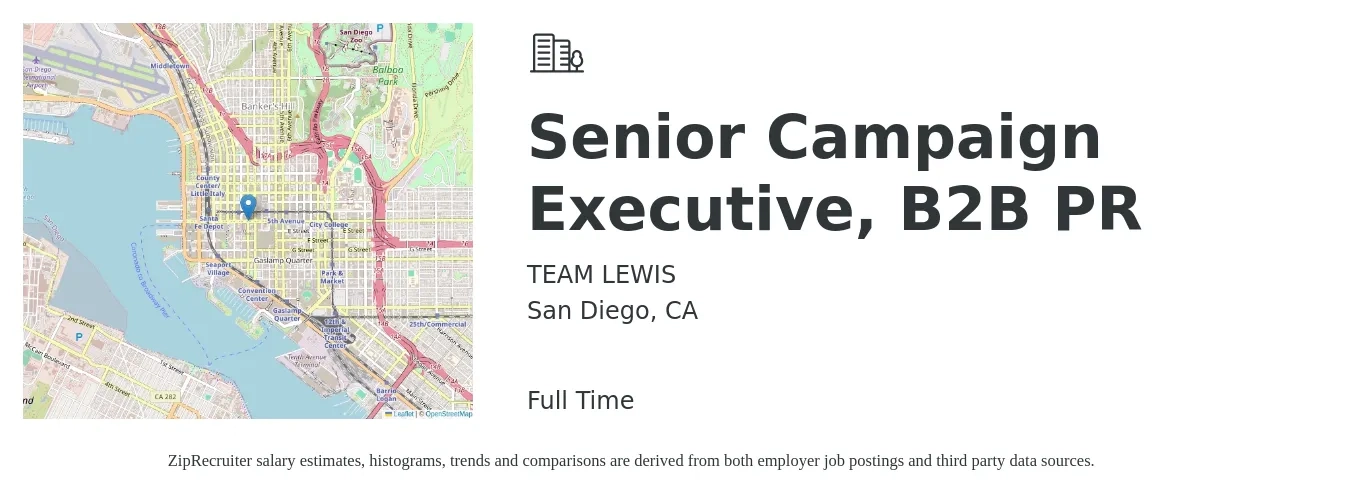 TEAM LEWIS job posting for a Senior Campaign Executive, B2B PR in San Diego, CA with a salary of $81,700 to $125,300 Yearly with a map of San Diego location.