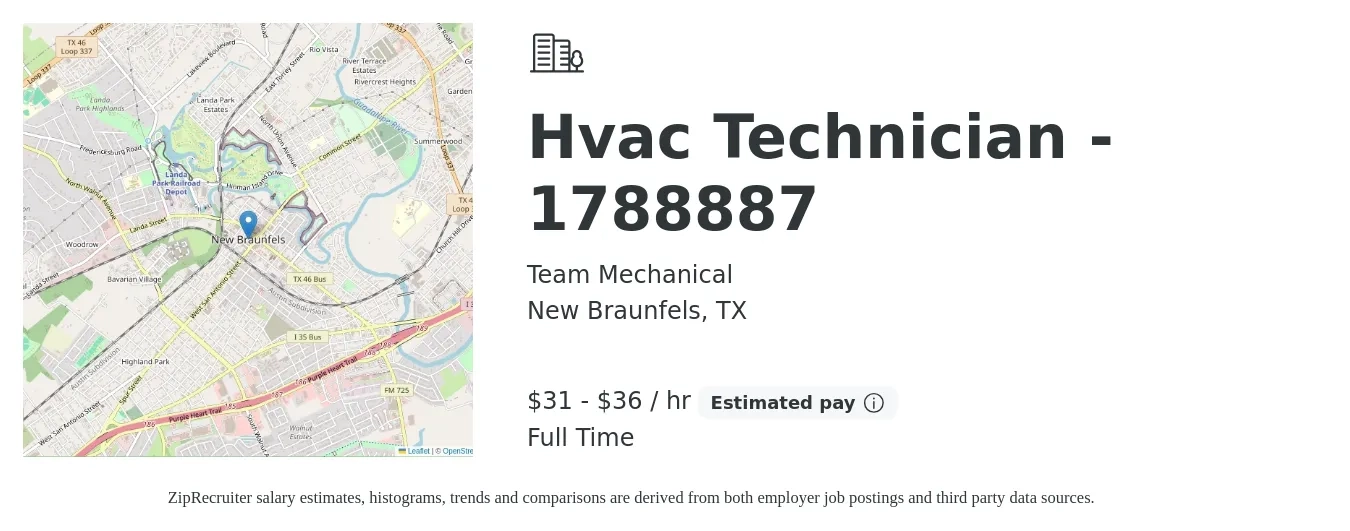 Team Mechanical job posting for a Hvac Technician - 1788887 in New Braunfels, TX with a salary of $33 to $38 Hourly with a map of New Braunfels location.