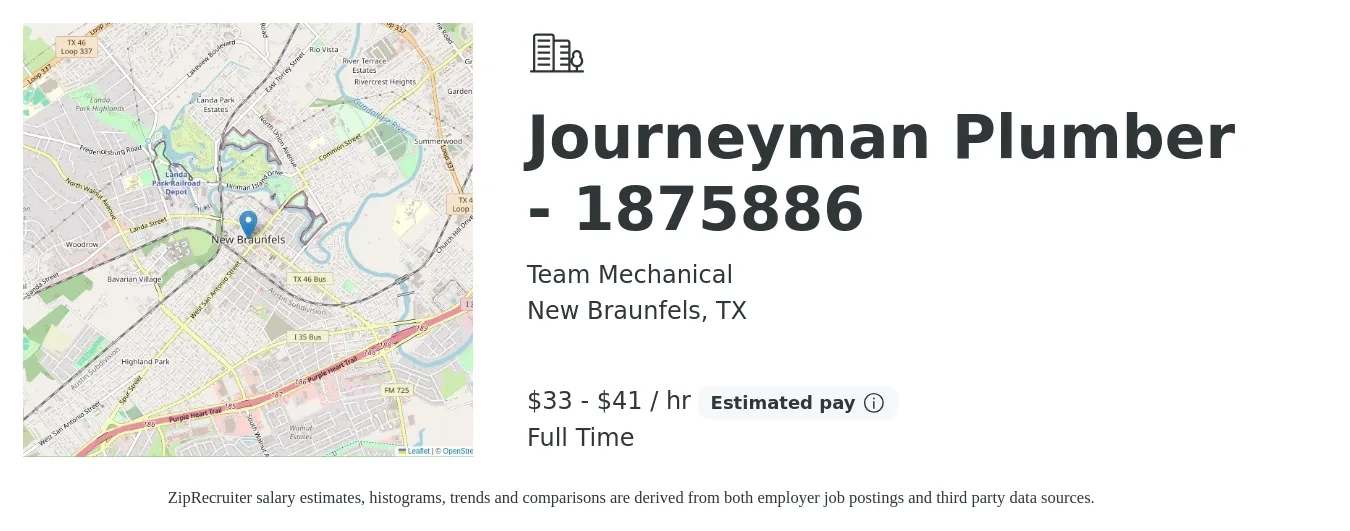 Team Mechanical job posting for a Journeyman Plumber - 1875886 in New Braunfels, TX with a salary of $35 to $43 Hourly with a map of New Braunfels location.