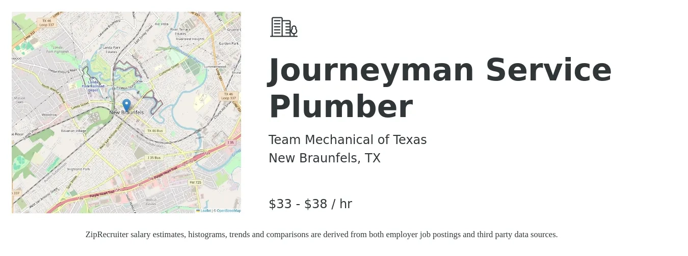 Team Mechanical of Texas job posting for a Journeyman Service Plumber in New Braunfels, TX with a salary of $40 Hourly with a map of New Braunfels location.