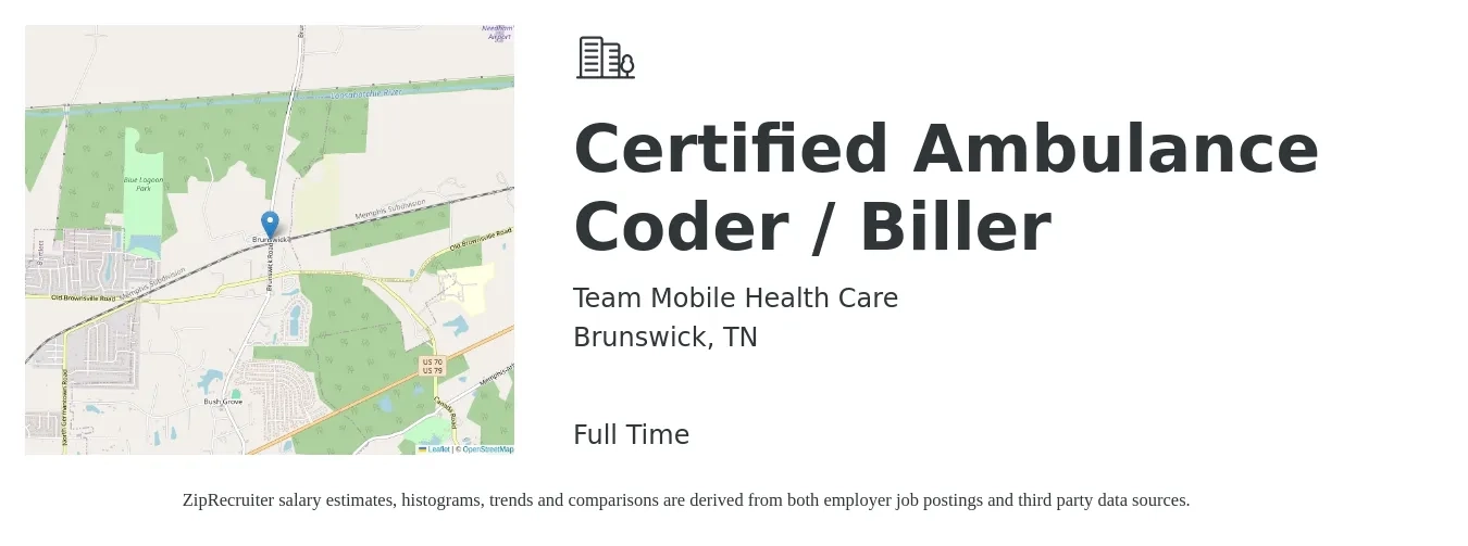 Team Mobile Health Care job posting for a Certified Ambulance Coder / Biller in Brunswick, TN with a salary of $18 to $23 Hourly with a map of Brunswick location.