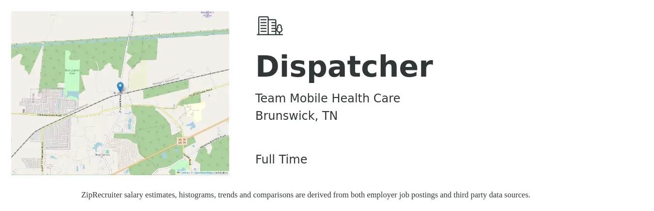Team Mobile Health Care job posting for a Dispatcher in Brunswick, TN with a salary of $17 to $24 Hourly with a map of Brunswick location.