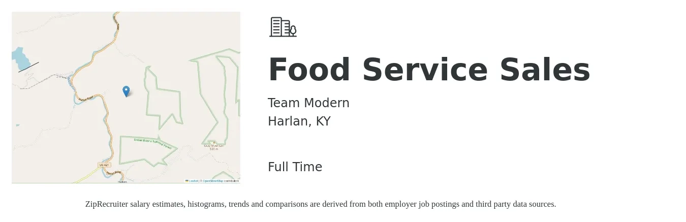 Team Modern job posting for a Food Service Sales in Harlan, KY with a map of Harlan location.