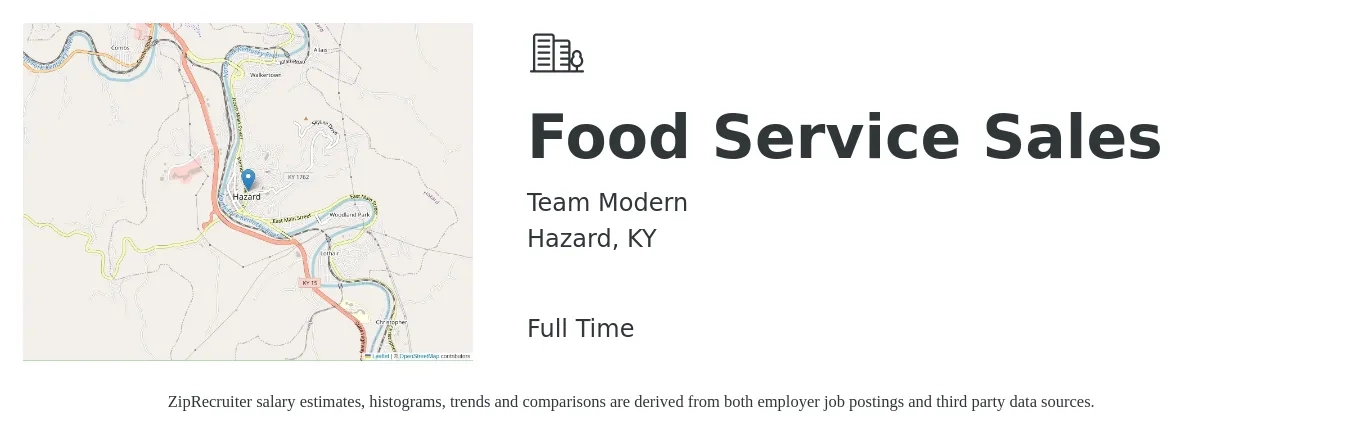 Team Modern job posting for a Food Service Sales in Hazard, KY with a map of Hazard location.