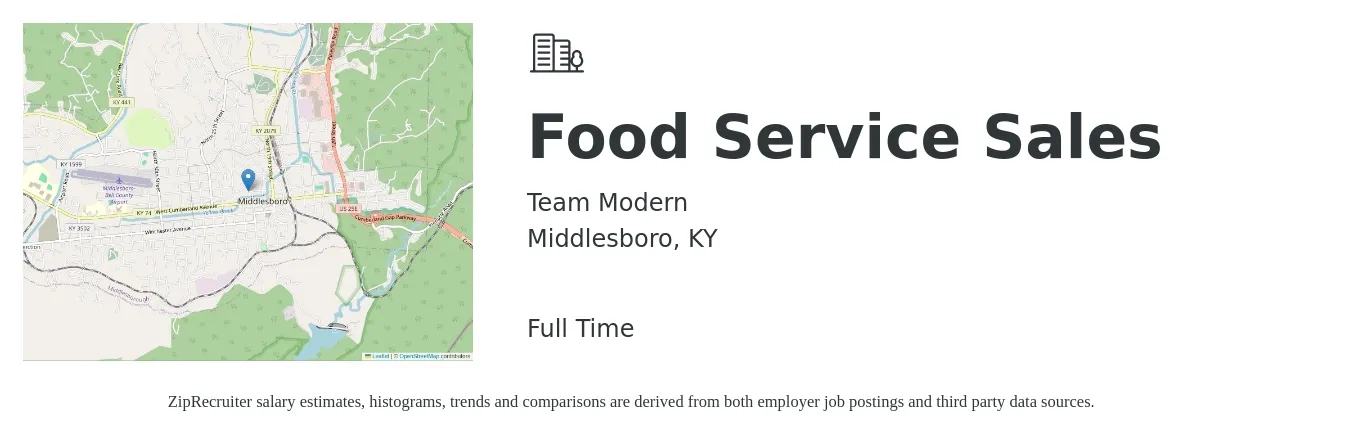 Team Modern job posting for a Food Service Sales in Middlesboro, KY with a map of Middlesboro location.