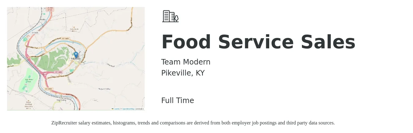 Team Modern job posting for a Food Service Sales in Pikeville, KY with a map of Pikeville location.