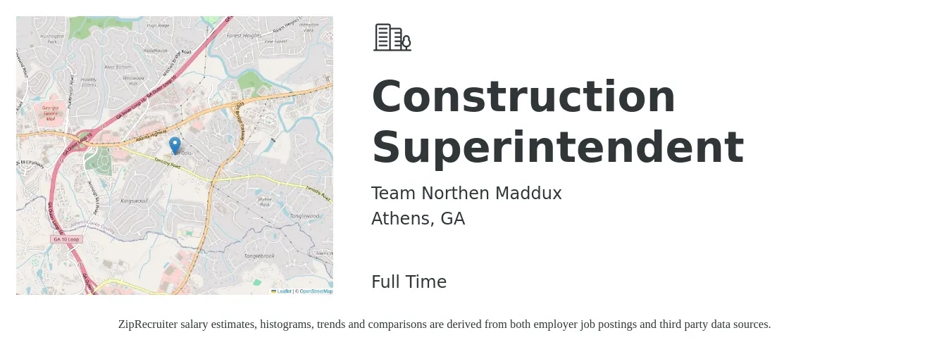 Team Northen Maddux job posting for a Construction Superintendent in Athens, GA with a salary of $59,400 to $96,700 Yearly with a map of Athens location.