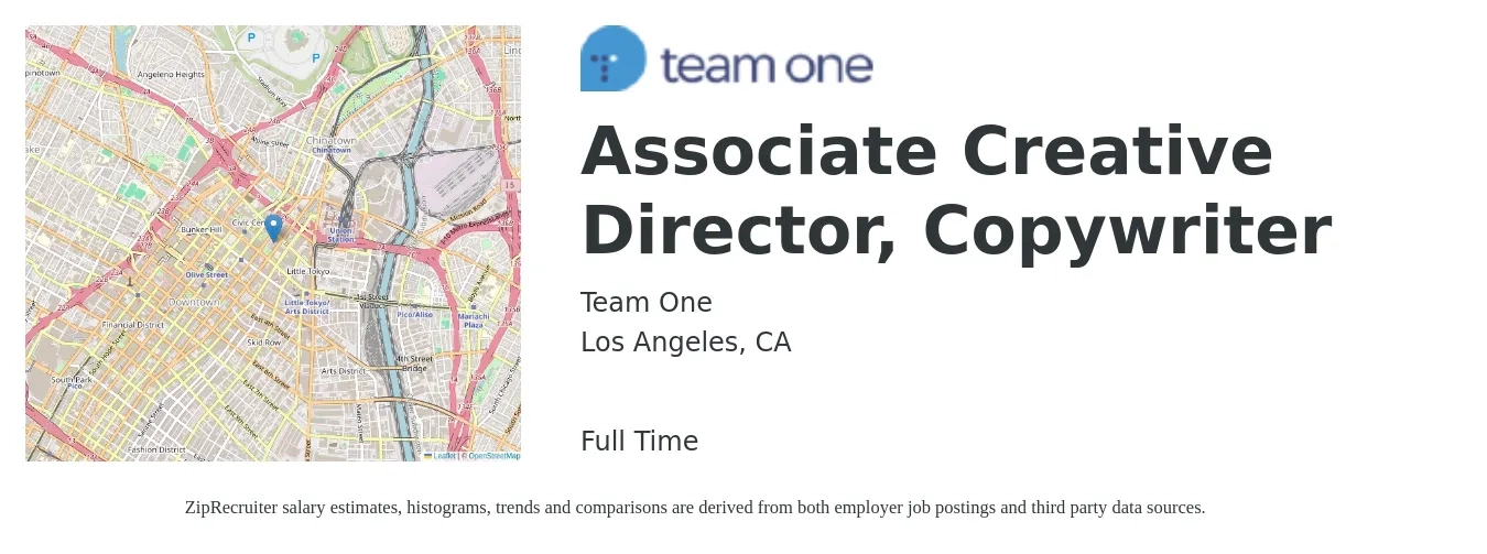 Team One job posting for a Associate Creative Director, Copywriter in Los Angeles, CA with a salary of $31 to $46 Hourly with a map of Los Angeles location.