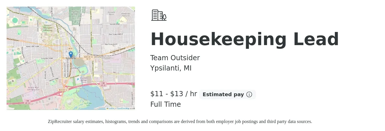 Team Outsider job posting for a Housekeeping Lead in Ypsilanti, MI with a salary of $12 to $14 Hourly with a map of Ypsilanti location.