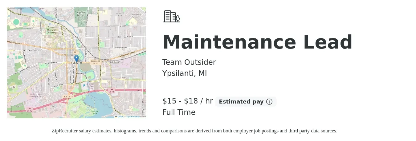 Team Outsider job posting for a Maintenance Lead in Ypsilanti, MI with a salary of $16 to $19 Hourly with a map of Ypsilanti location.