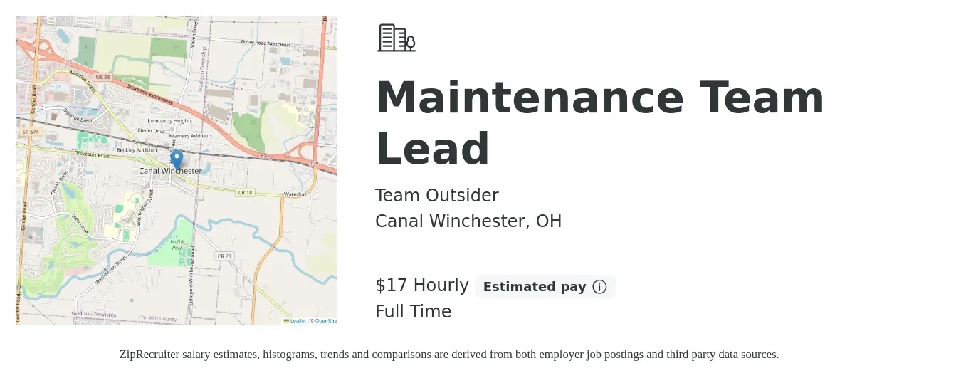 Team Outsider job posting for a Maintenance Team Lead in Canal Winchester, OH with a salary of $18 Hourly with a map of Canal Winchester location.