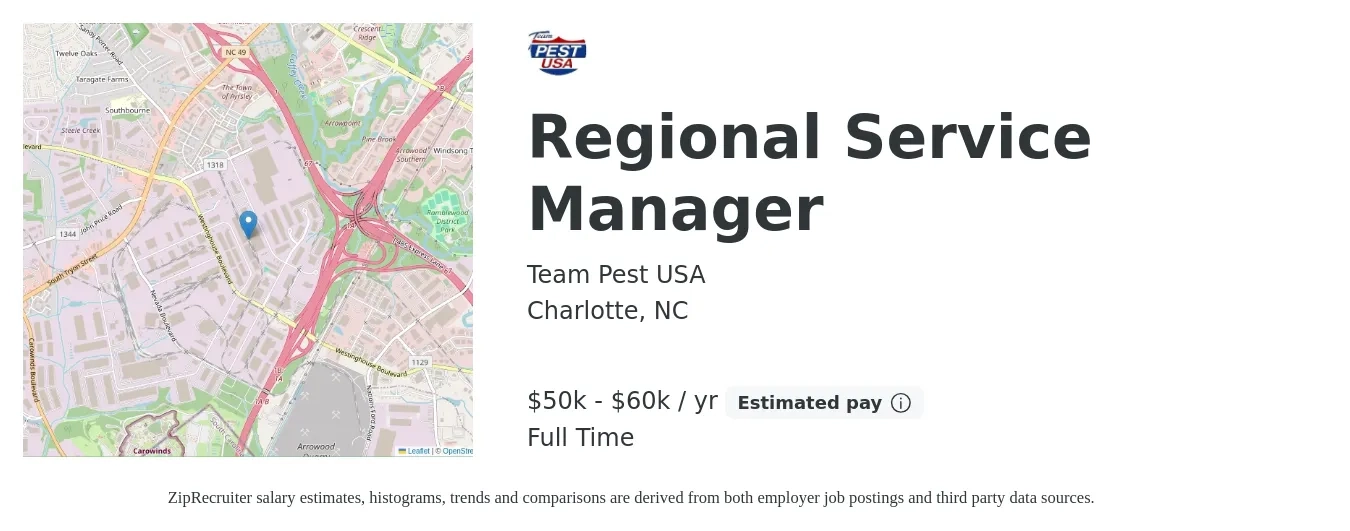 Team Pest USA job posting for a Regional Service Manager in Charlotte, NC with a salary of $50,000 to $60,000 Yearly with a map of Charlotte location.