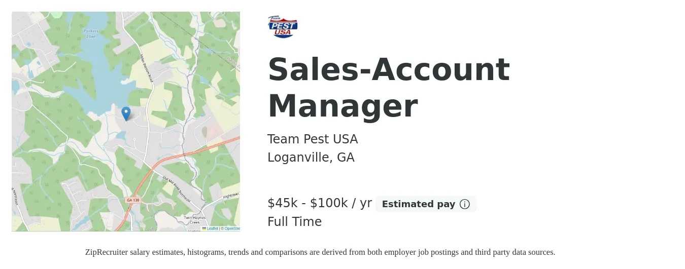 Team Pest USA job posting for a Sales-Account Manager in Loganville, GA with a salary of $45,000 to $100,000 Yearly with a map of Loganville location.