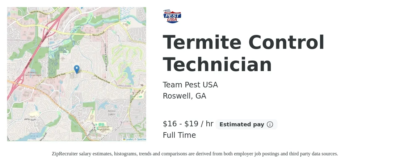 Team Pest USA job posting for a Termite Control Technician in Roswell, GA with a salary of $17 to $20 Hourly with a map of Roswell location.