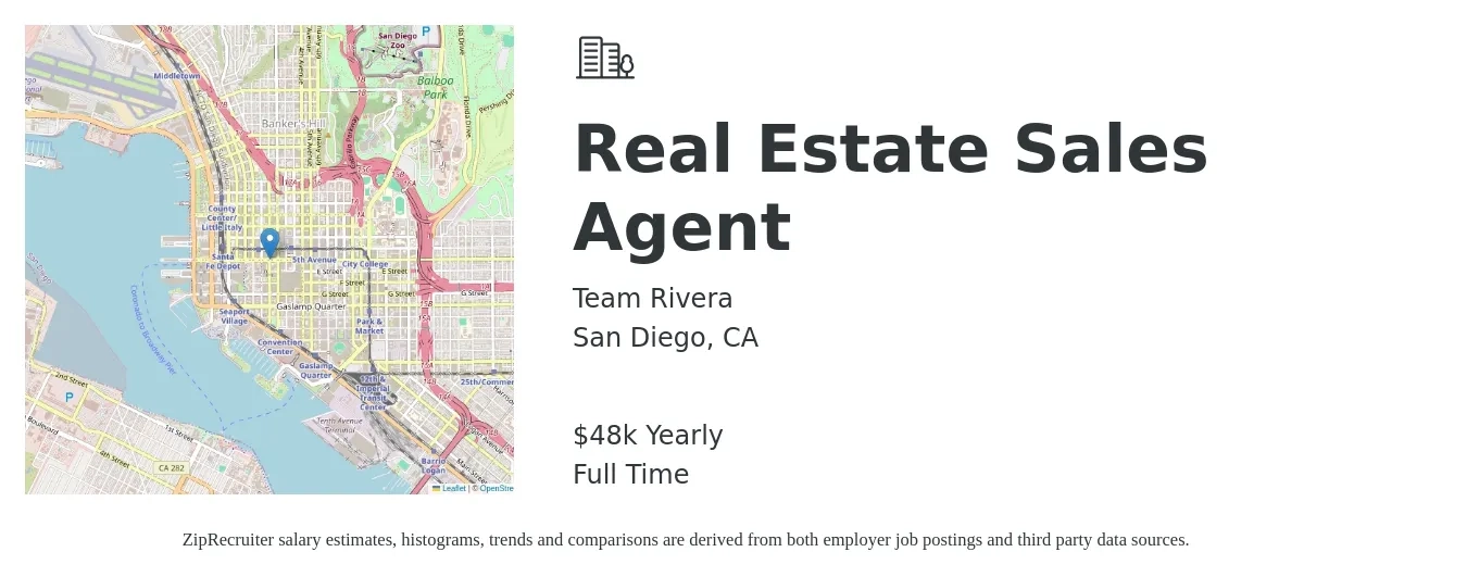 Team Rivera job posting for a Real Estate Sales Agent in San Diego, CA with a salary of $48,227 Yearly with a map of San Diego location.