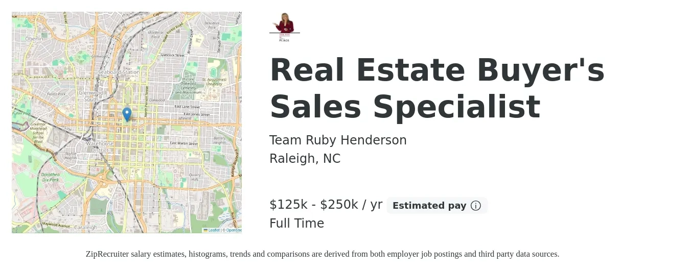 Team Ruby Henderson job posting for a Real Estate Buyer's Sales Specialist in Raleigh, NC with a salary of $125,000 to $250,000 Yearly with a map of Raleigh location.