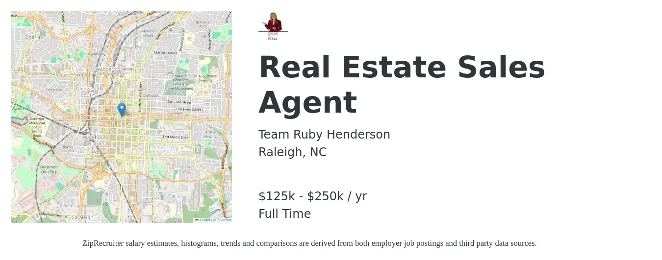 Team Ruby Henderson job posting for a Real Estate Sales Agent in Raleigh, NC with a salary of $125,000 to $250,000 Yearly with a map of Raleigh location.