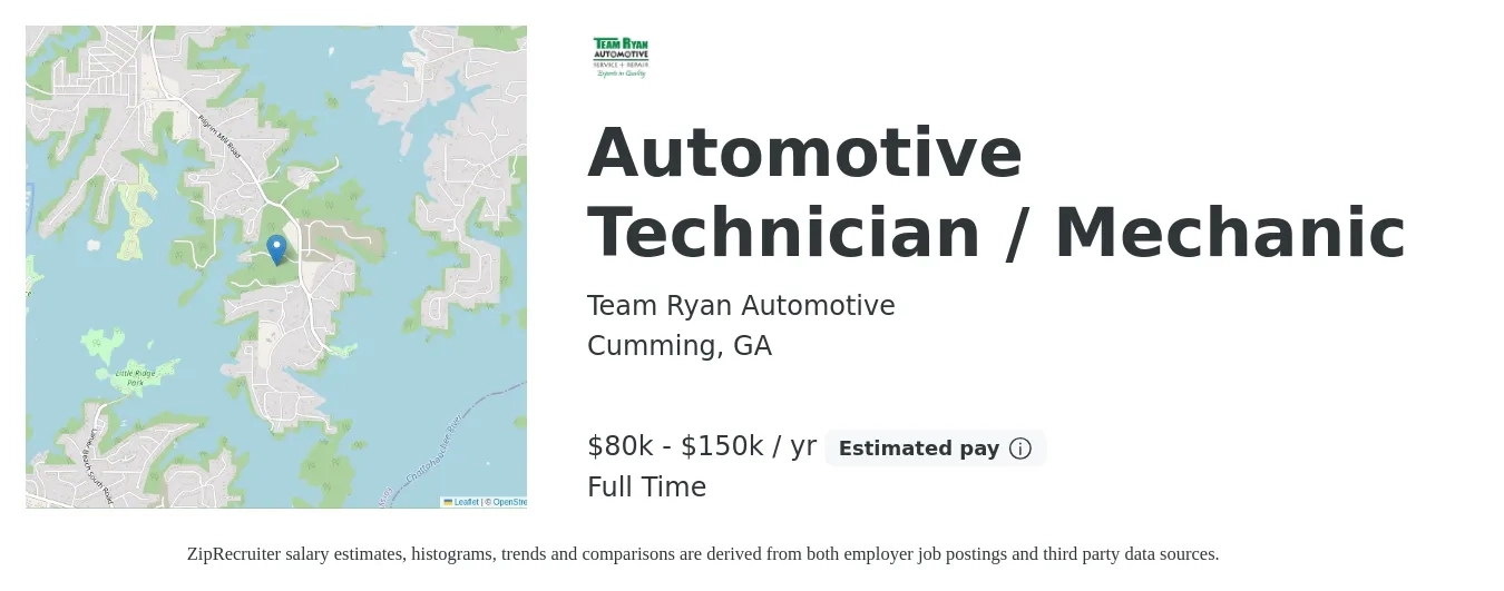 Team Ryan Automotive job posting for a Automotive Technician / Mechanic in Cumming, GA with a salary of $80,000 to $150,000 Yearly with a map of Cumming location.