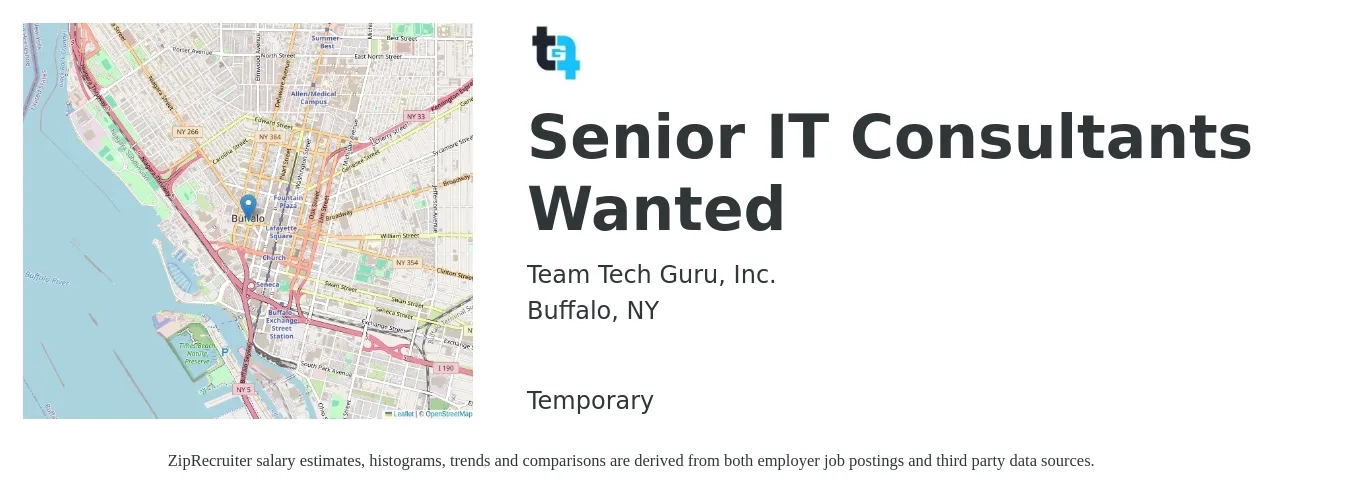 Team Tech Guru, Inc. job posting for a Senior IT Consultants Wanted in Buffalo, NY with a salary of $72,200 to $112,400 Yearly with a map of Buffalo location.