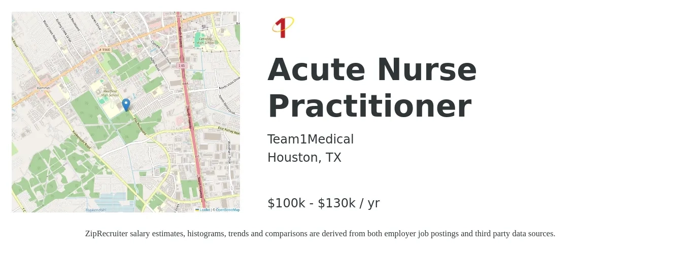 Team1Medical job posting for a Acute Nurse Practitioner in Houston, TX with a salary of $100,000 to $120,000 Yearly with a map of Houston location.
