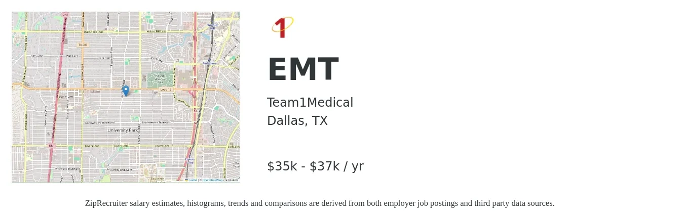 Team1Medical job posting for a EMT in Dallas, TX with a salary of $35,360 to $37,440 Yearly with a map of Dallas location.