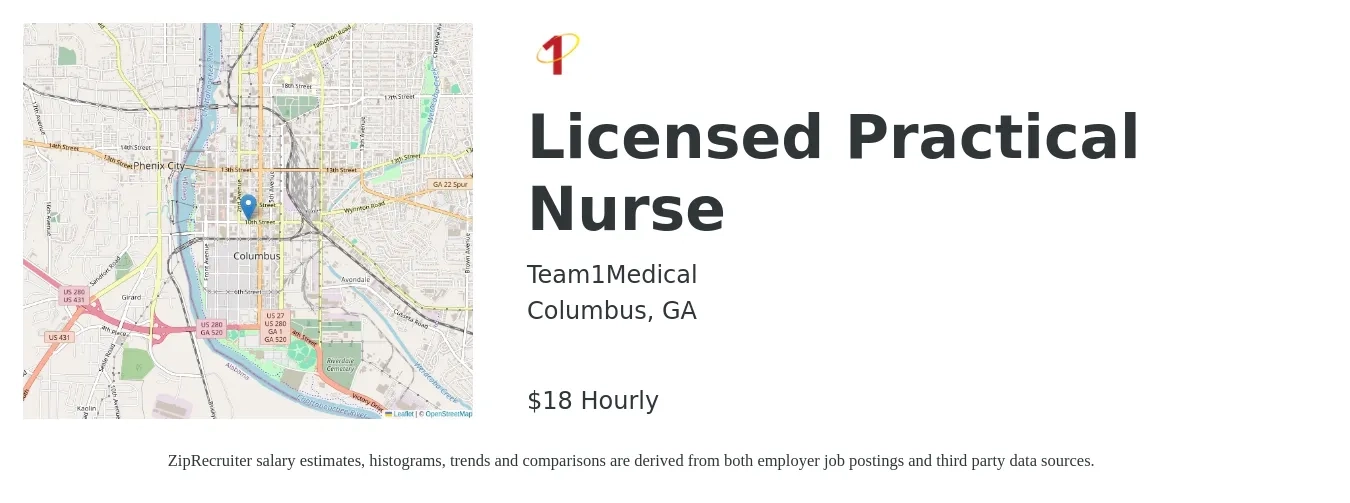 Team1Medical job posting for a Licensed Practical Nurse in Columbus, GA with a salary of $19 Hourly with a map of Columbus location.