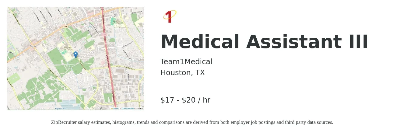 Team1Medical job posting for a Medical Assistant III in Houston, TX with a salary of $18 to $21 Hourly with a map of Houston location.