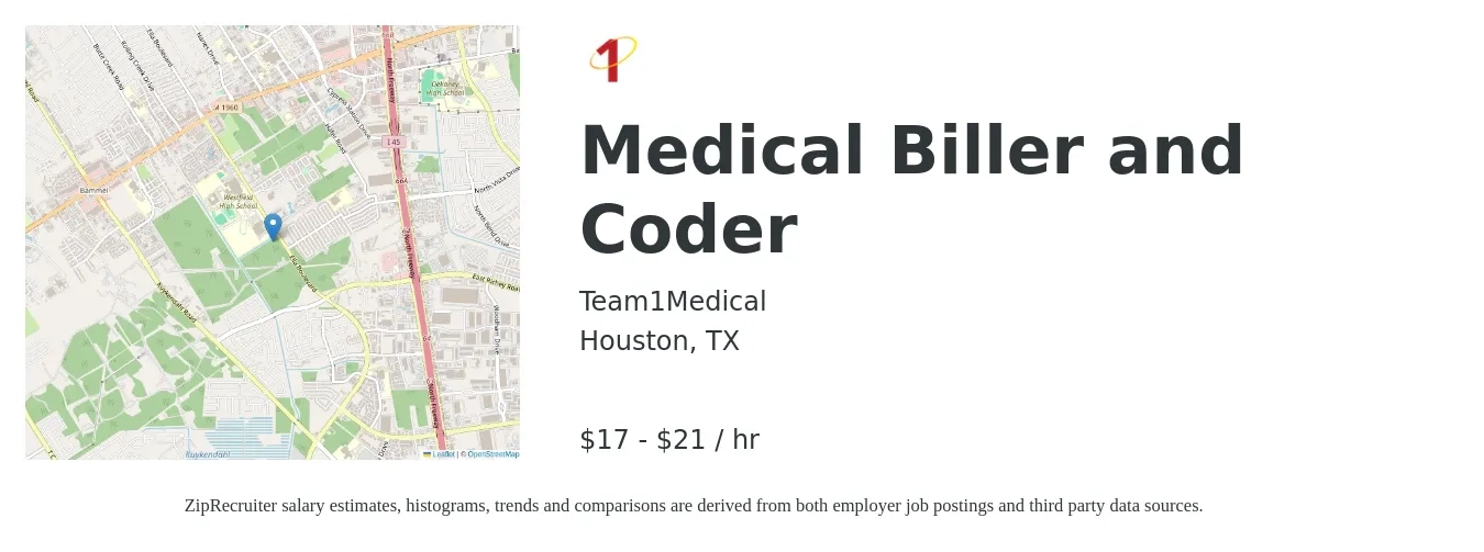 Team1Medical job posting for a Medical Biller and Coder in Houston, TX with a salary of $18 to $22 Hourly with a map of Houston location.
