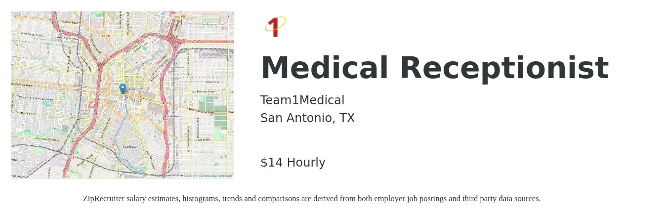 Team1Medical job posting for a Medical Receptionist in San Antonio, TX with a salary of $15 Hourly with a map of San Antonio location.
