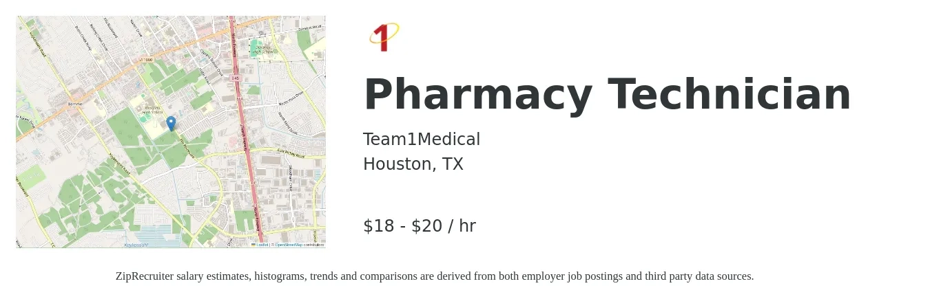 Team1Medical job posting for a Pharmacy Technician in Houston, TX with a salary of $19 to $21 Hourly with a map of Houston location.