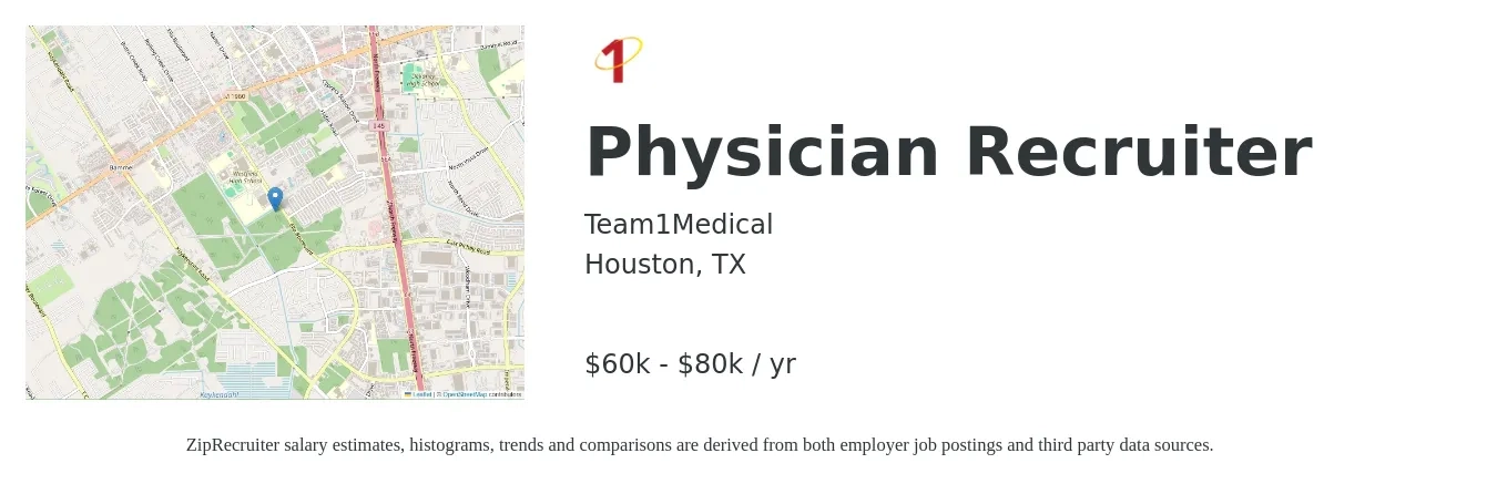 Team1Medical job posting for a Physician Recruiter in Houston, TX with a salary of $60,000 to $80,000 Yearly with a map of Houston location.