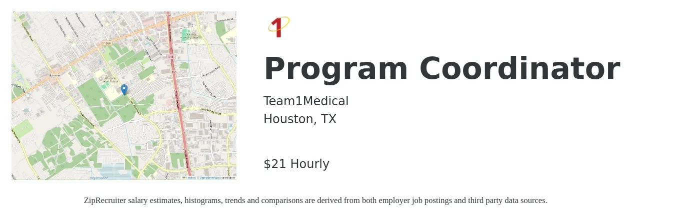 Team1Medical job posting for a Program Coordinator in Houston, TX with a salary of $22 Hourly with a map of Houston location.