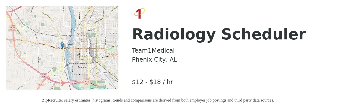 Team1Medical job posting for a Radiology Scheduler in Phenix City, AL with a salary of $14 to $20 Hourly with a map of Phenix City location.