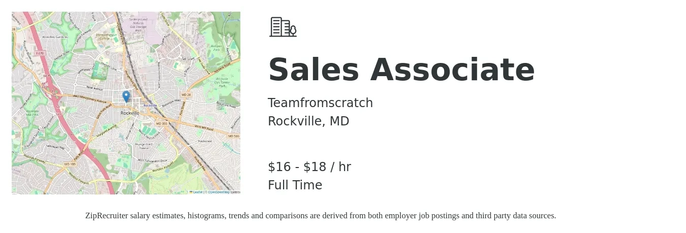 Teamfromscratch job posting for a Sales Associate in Rockville, MD with a salary of $17 to $19 Hourly with a map of Rockville location.