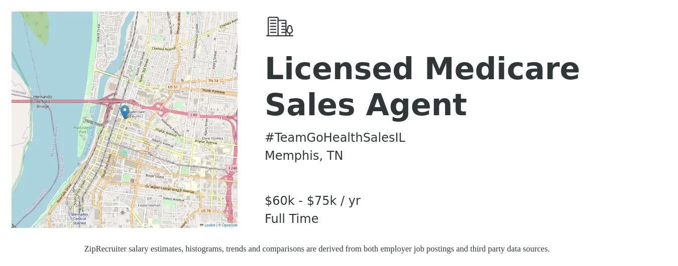 #TeamGoHealthSalesIL job posting for a Licensed Medicare Sales Agent in Memphis, TN with a salary of $60,000 to $75,000 Yearly with a map of Memphis location.