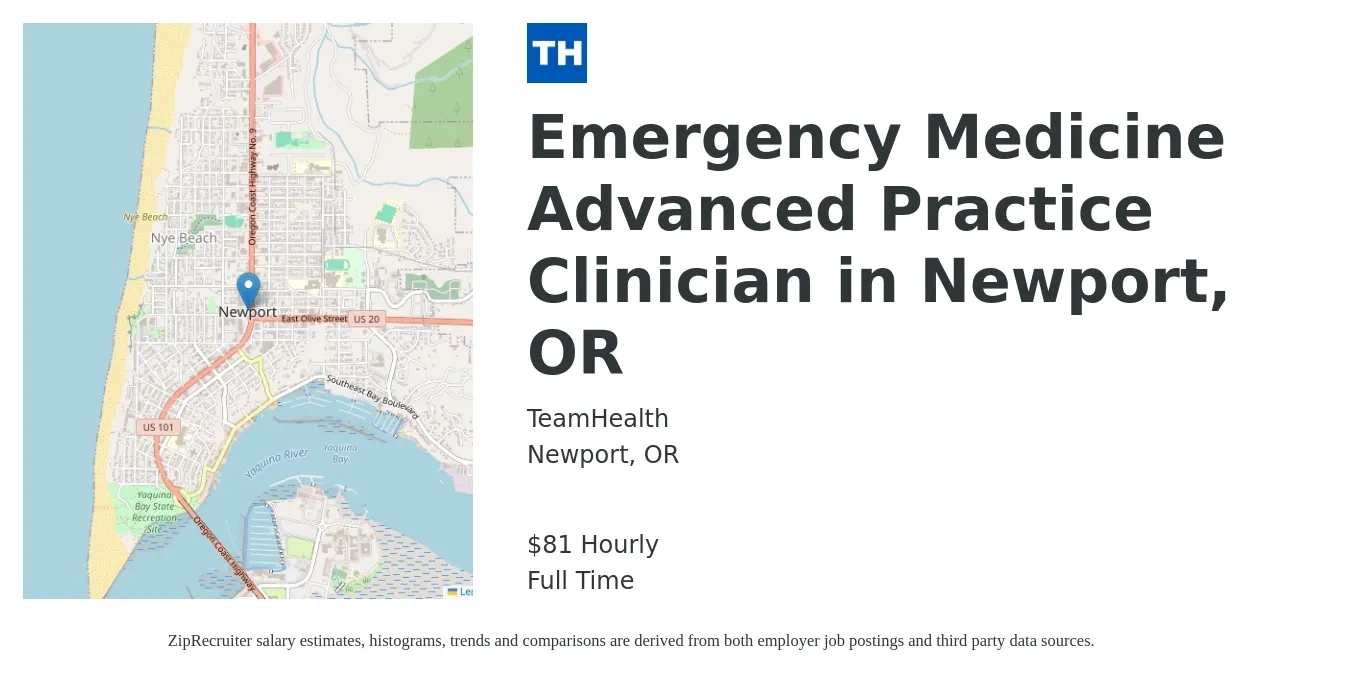TeamHealth job posting for a Emergency Medicine Advanced Practice Clinician in Newport, OR in Newport, OR with a salary of $85 Hourly with a map of Newport location.
