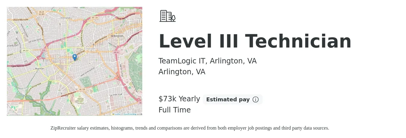 TeamLogic IT, Arlington, VA job posting for a Level III Technician in Arlington, VA with a salary of $73,000 Yearly with a map of Arlington location.