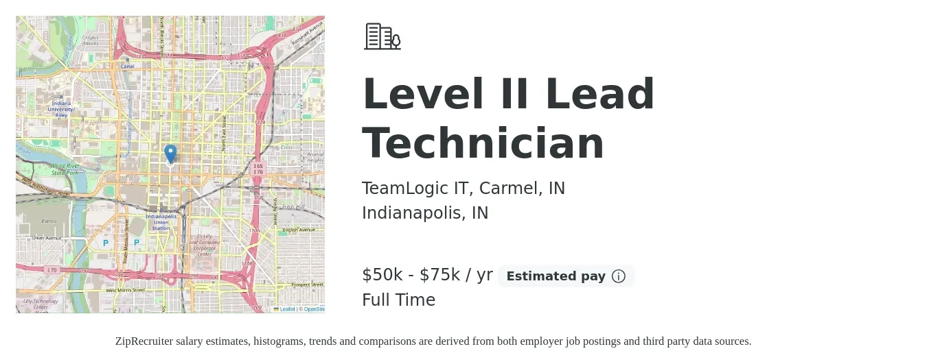 TeamLogic IT, Carmel, IN job posting for a Level II Lead Technician in Indianapolis, IN with a salary of $50,000 to $75,000 Yearly with a map of Indianapolis location.